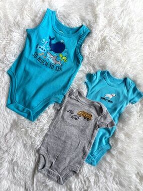 Carter's Blue & Gray Baby Bodysuits - Ocean & Truck Prints Mommy Daddy Set of 3